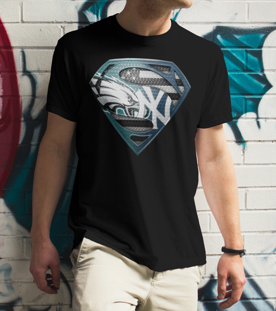 Superman Philadelphia Eagles New York Yankees Logo Fusion T-Shirt