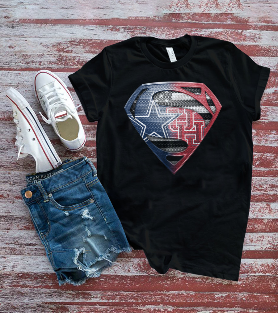 Houston Cougars Superman Shield Logo Usa Flag T-Shirt