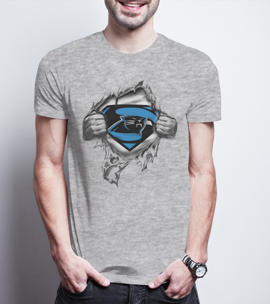 Superman Carolina Panthers Logo Crossover Busting Through T-Shirt