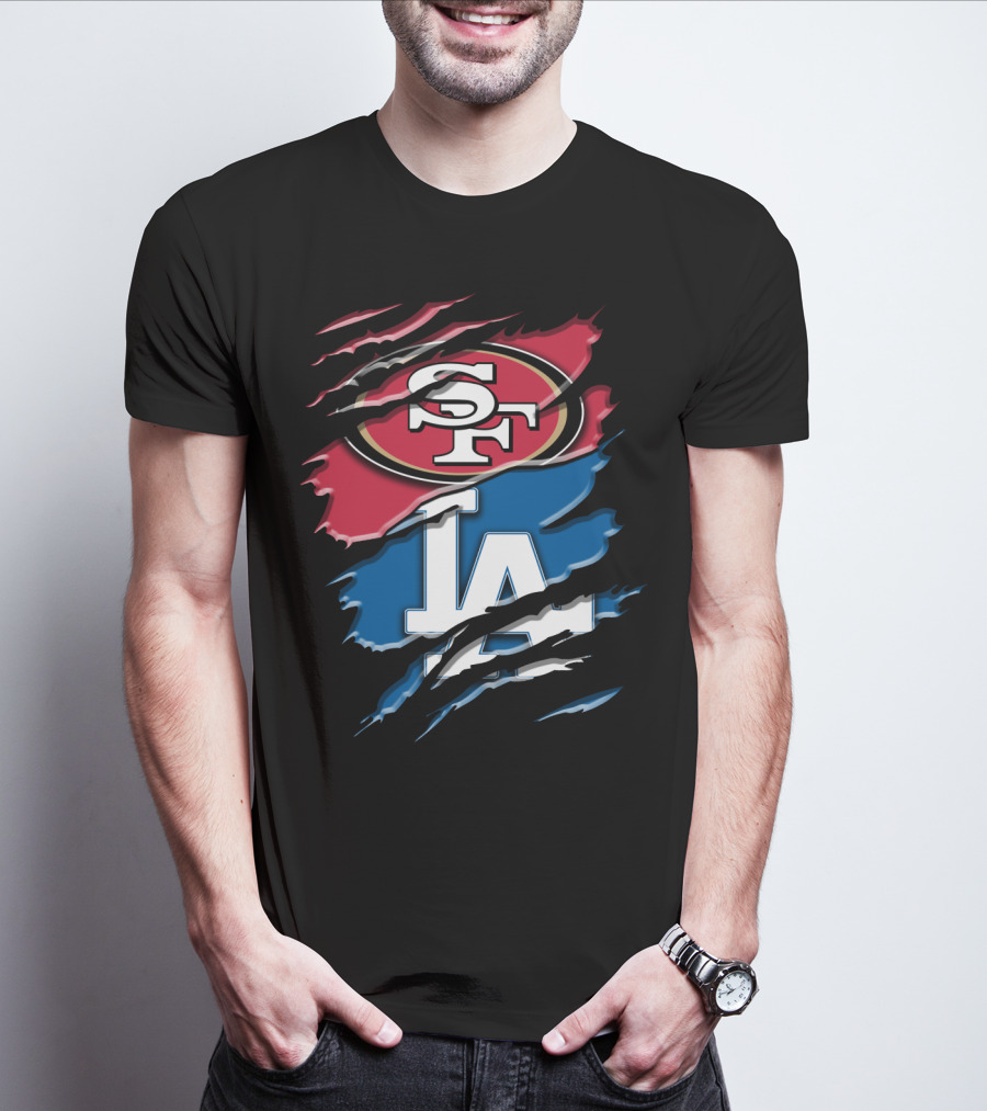 San Francisco 49ers And Los Angeles Dodgers Logo Fusion Rac T-Shirt
