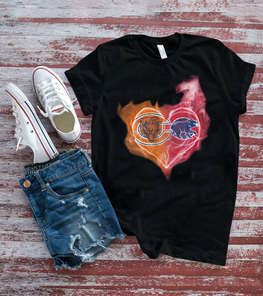 Chicago Bears Heart Flame Dual Logo T-Shirt