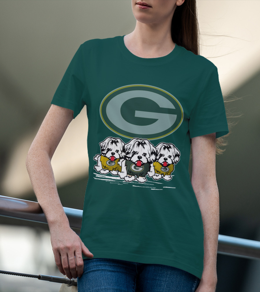 Green Bay Packers Logo With Three Dogs In Jerseys T-Shirt