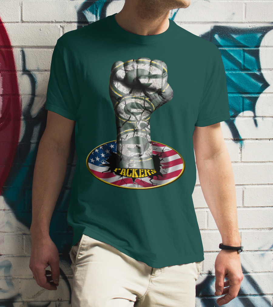 Fist With Green Bay Packers Logo On Cracked American Flag T-Shirt