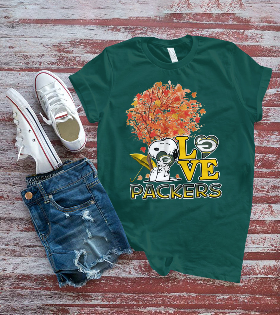 Love Packers Snoopy Green Bay Packers Autumn Tree T-Shirt