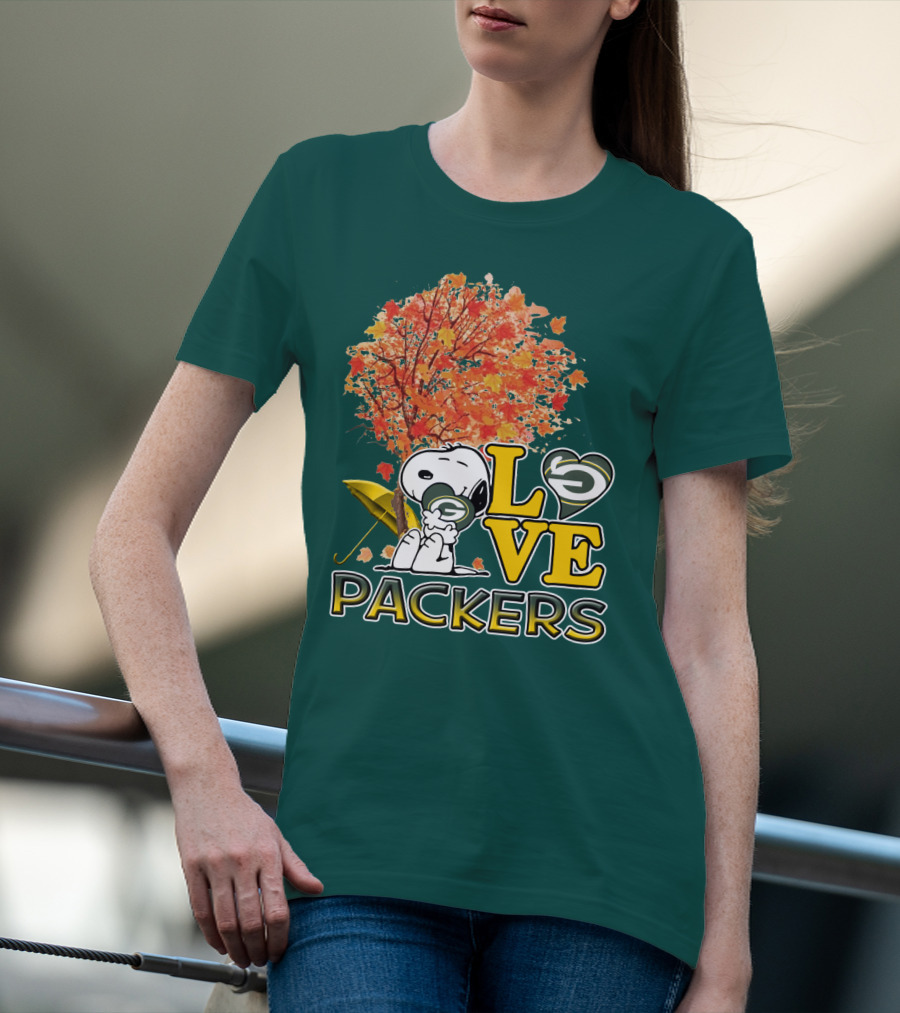 Love Packers Snoopy Green Bay Packers Autumn Tree T-Shirt