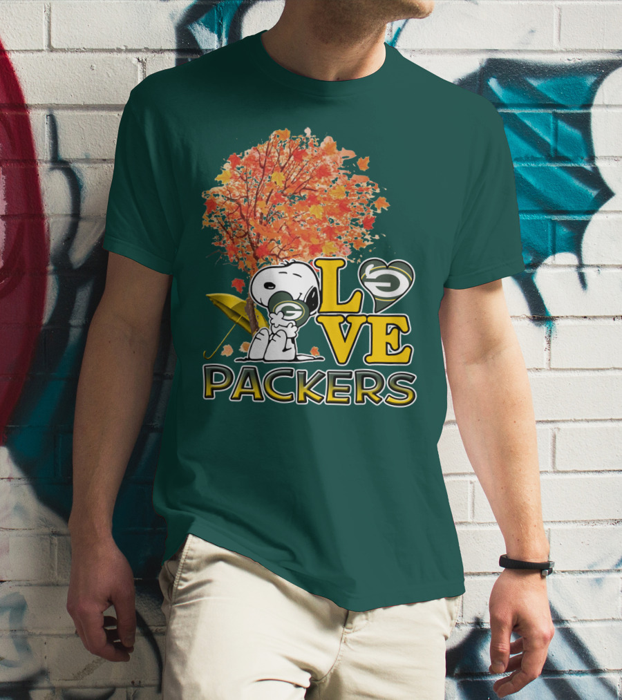 Love Packers Snoopy Green Bay Packers Autumn Tree T-Shirt