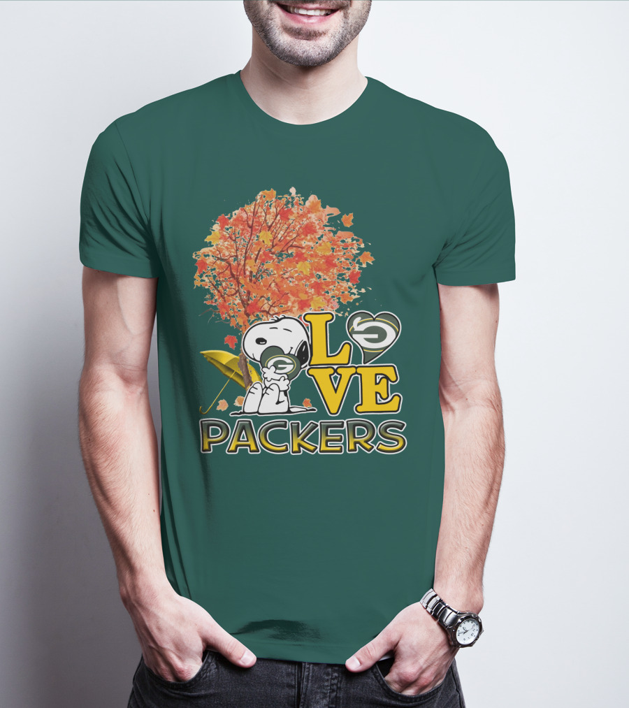 Love Packers Snoopy Green Bay Packers Autumn Tree T-Shirt