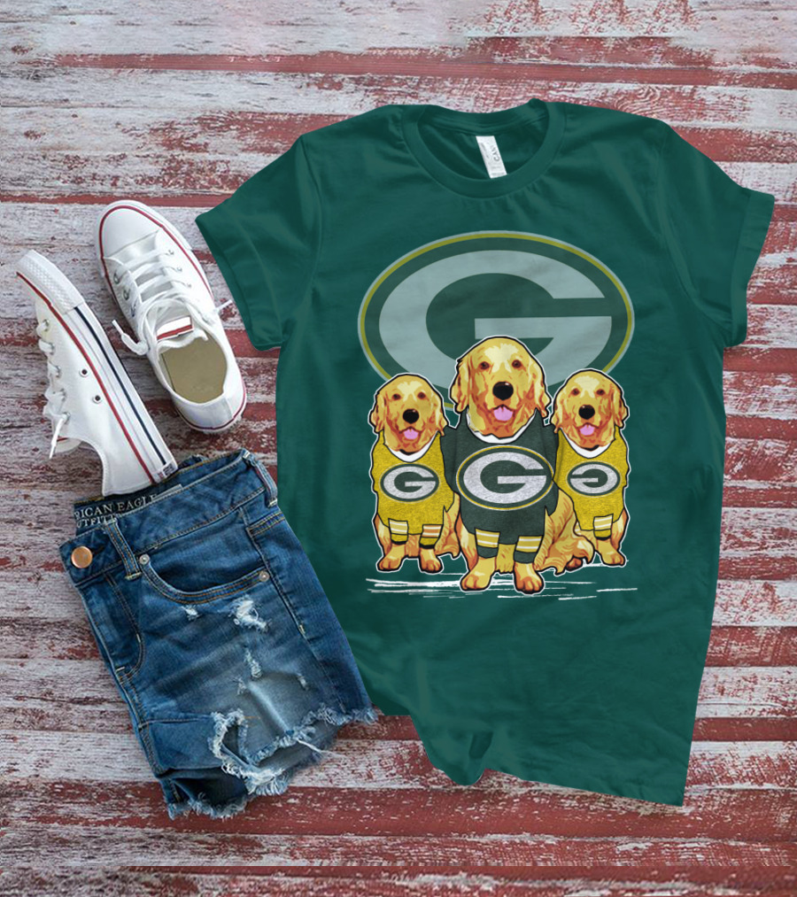 Green Bay Packers Golden Retrievers Sporting Green And Gold Attire T-Shirt