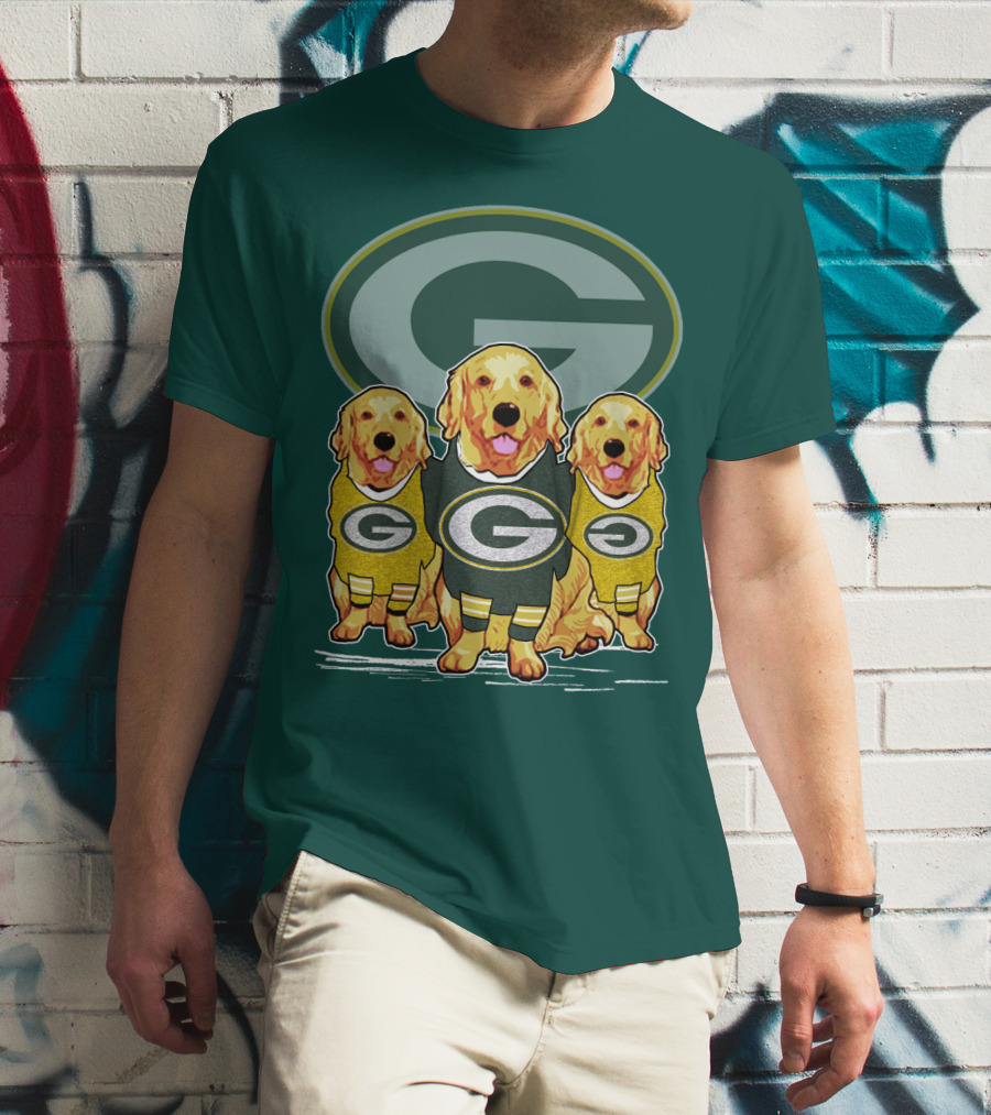 Green Bay Packers Golden Retrievers Sporting Green And Gold Attire T-Shirt