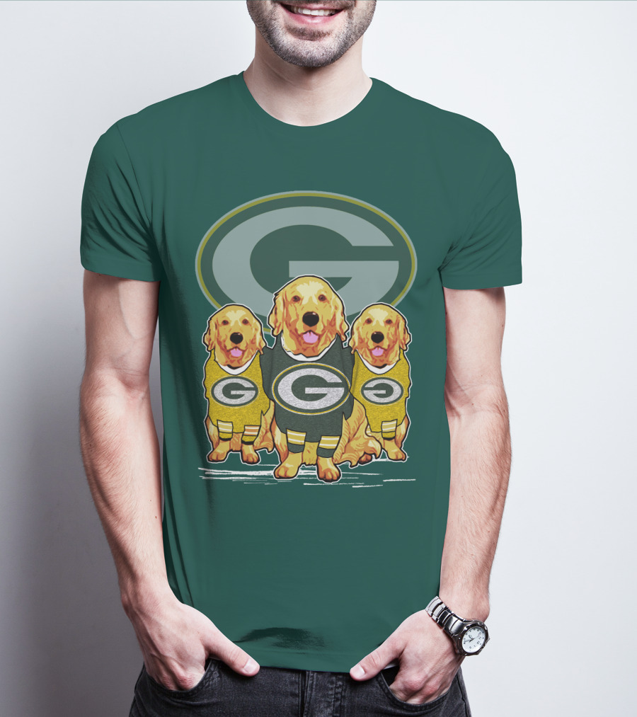 Green Bay Packers Golden Retrievers Sporting Green And Gold Attire T-Shirt
