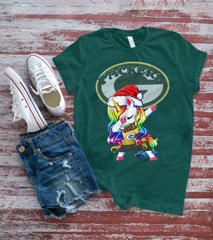 Packers Unicorn Dabbing Santa Hat Green Gold T-Shirt