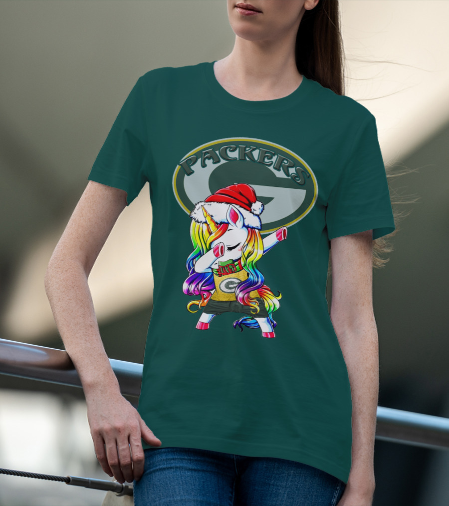 Packers Unicorn Dabbing Santa Hat Green Gold T-Shirt