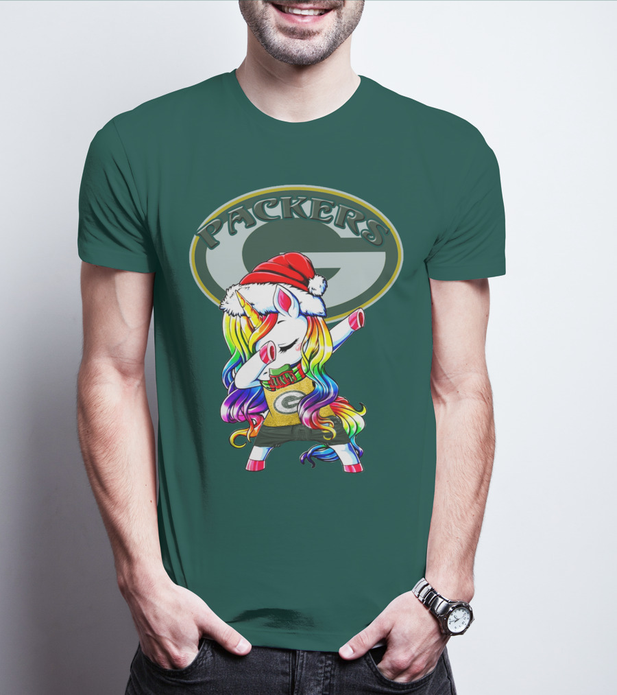 Packers Unicorn Dabbing Santa Hat Green Gold T-Shirt