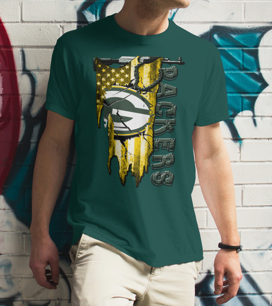 Green Bay Packers American Flag Cracked T-Shirt