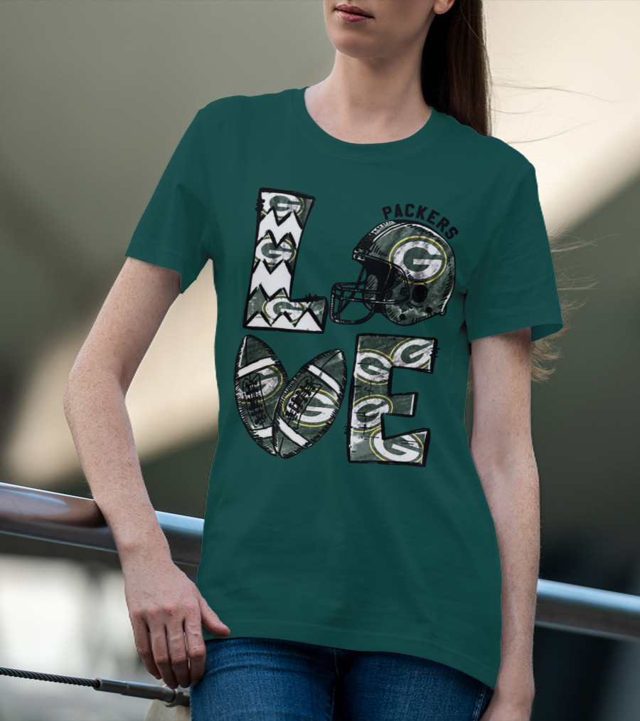 Packers Love Football Helmet And Ball Green Bay Packers T-Shirt