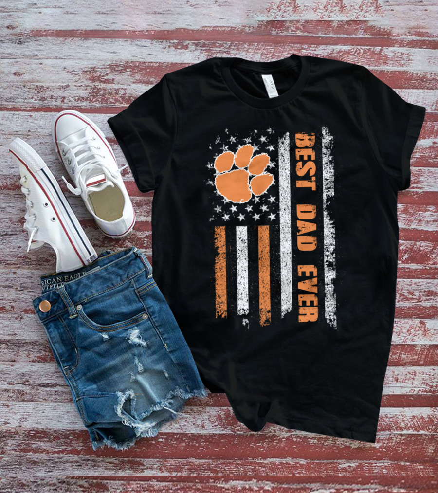 Best Dad Ever American Flag Paw Orange Stripes T-Shirt