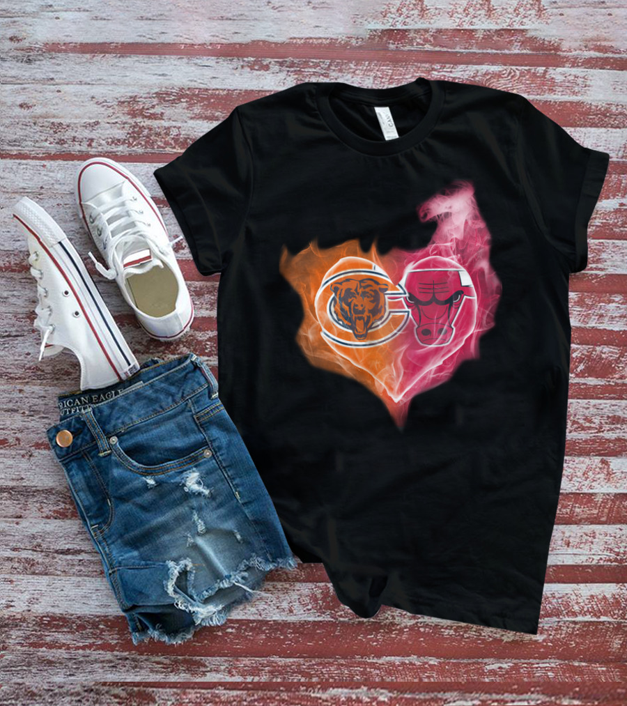 Chicago Bears And Chicago Bulls Heart Flames T-Shirt