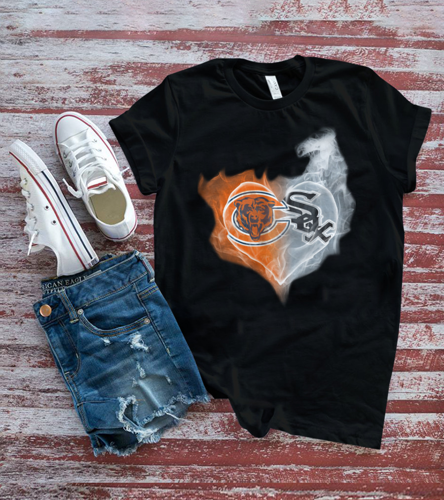 Chicago Bears And White Sox Logos United In Heart-Shaped Smoke T-Shirt