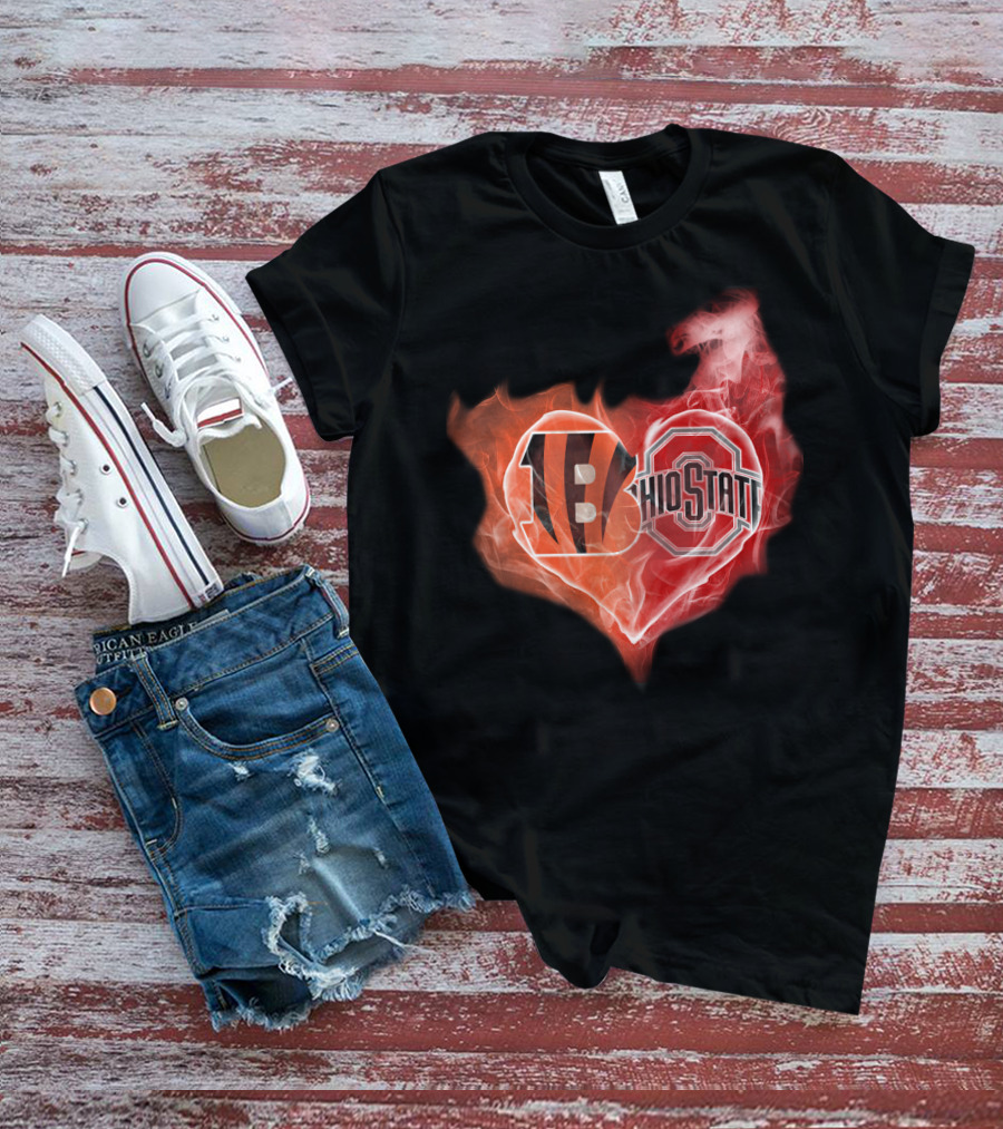 Cincinnati Bengals Ohio State Buckeyes Fire Heart T-Shirt