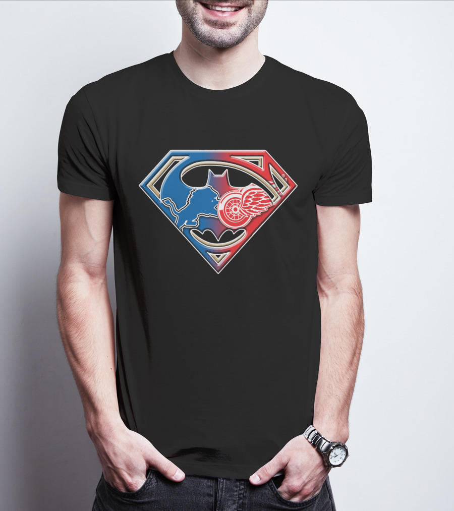 Detroit Sports Superman Batman Red Wings Lions T-Shirt