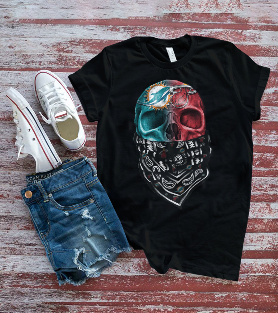 Miami Dolphins And Heat Skull Bandana Combination T-Shirt