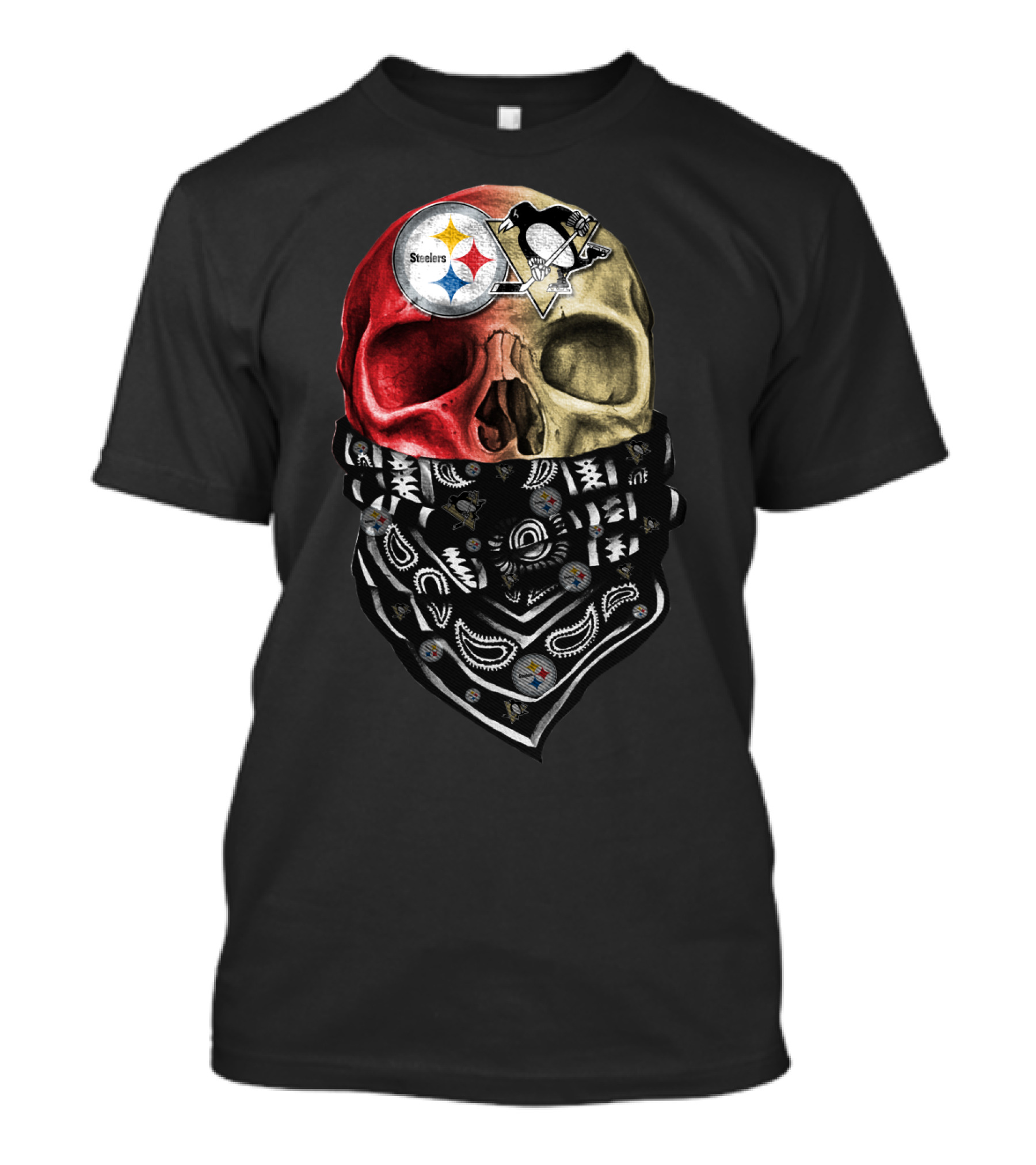 Steelers And Penguins Dual Skull Bandana Art On Sku 114 T-Shirt