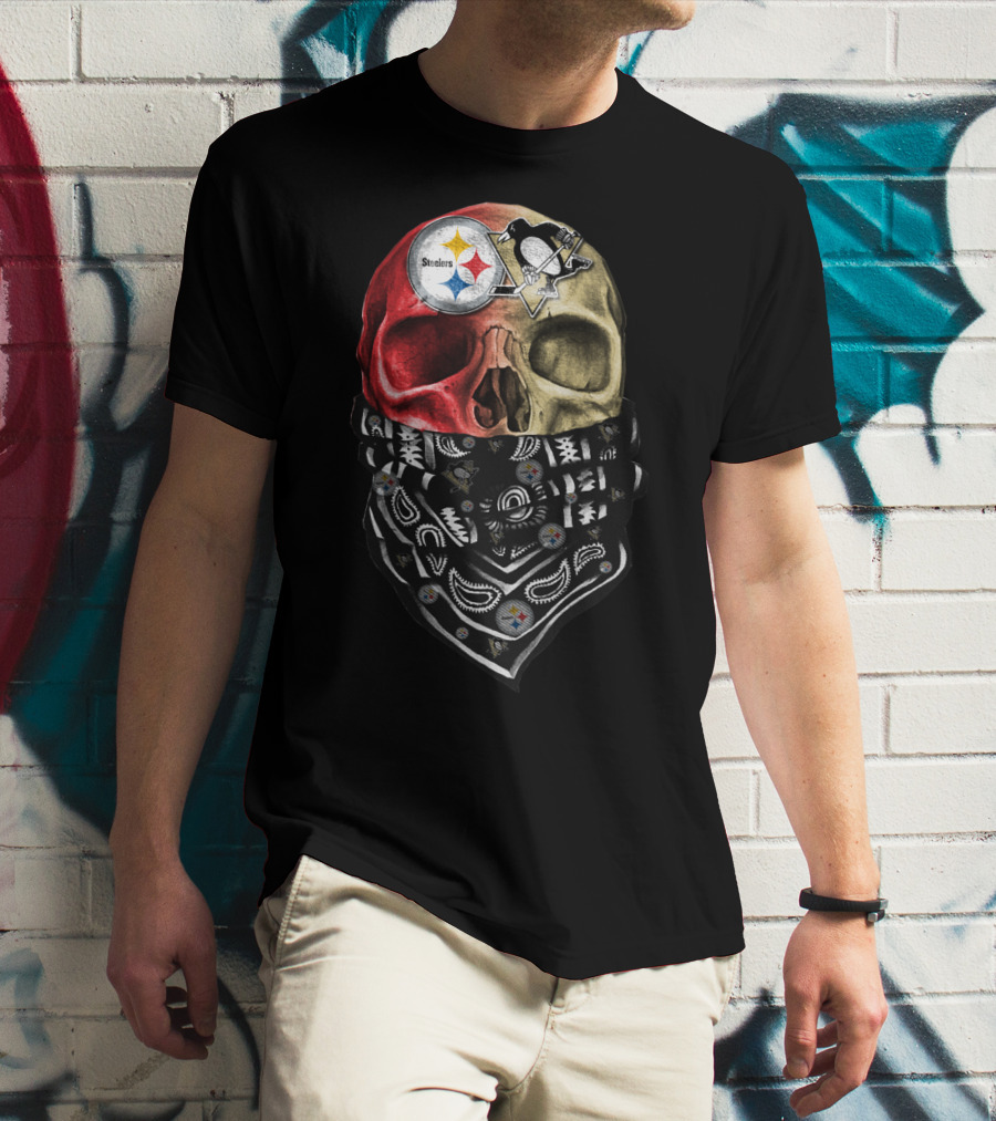 Steelers And Penguins Dual Skull Bandana Art On Sku 114 T-Shirt