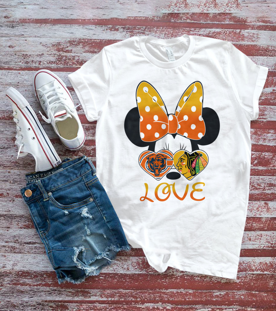 Minnie Mouse Love Chicago Bears Blackhawks Bow T-Shirt