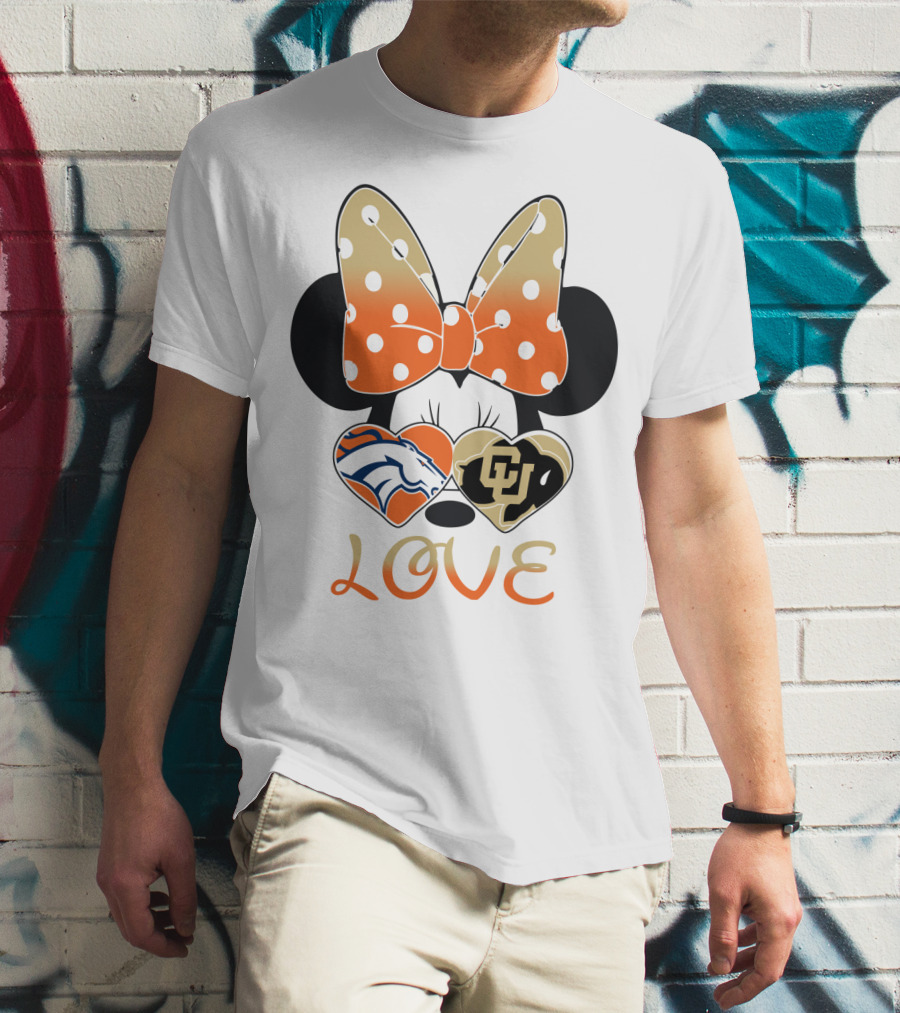 Love Minnie Mouse Orange Bow Denver Broncos University Of Colorado Buffaloes Hearts T-Shirt
