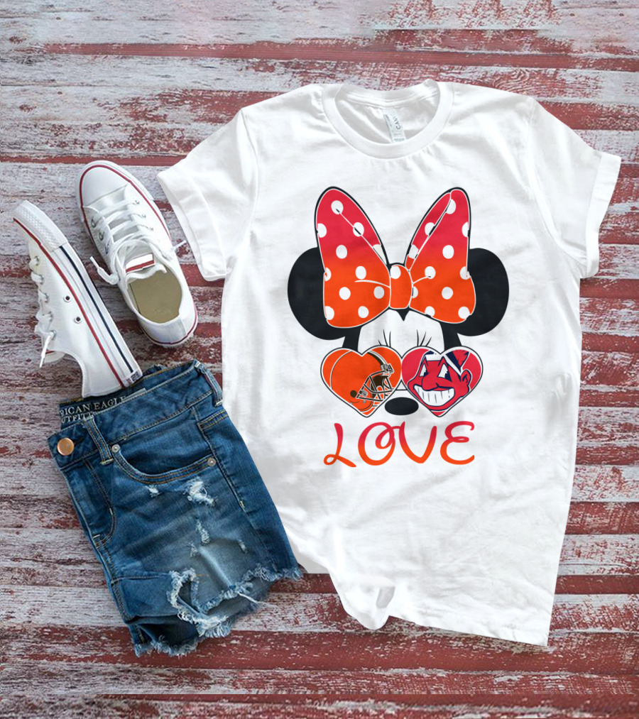 Love Minnie Bow Cleveland Browns Chiefs Wahoo Hearts T-Shirt