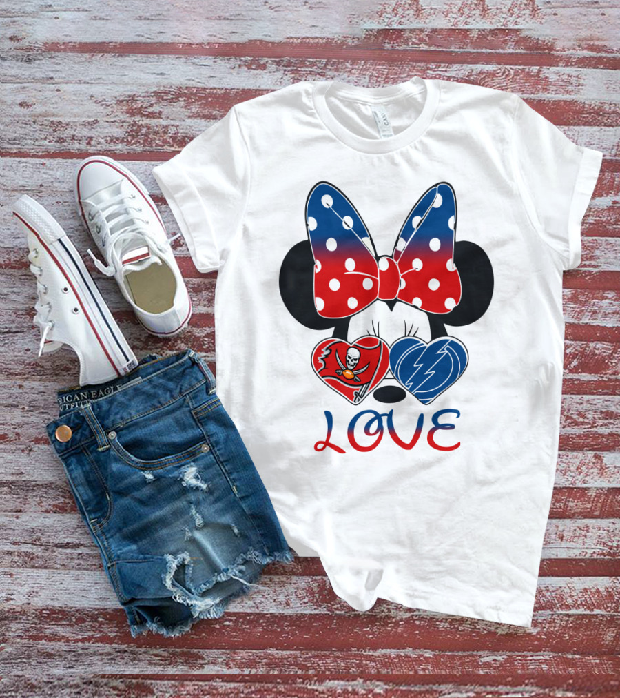 Love Minnie Bow Red And Blue Hearts With Buccaneers And Lightning Logos T-Shirt