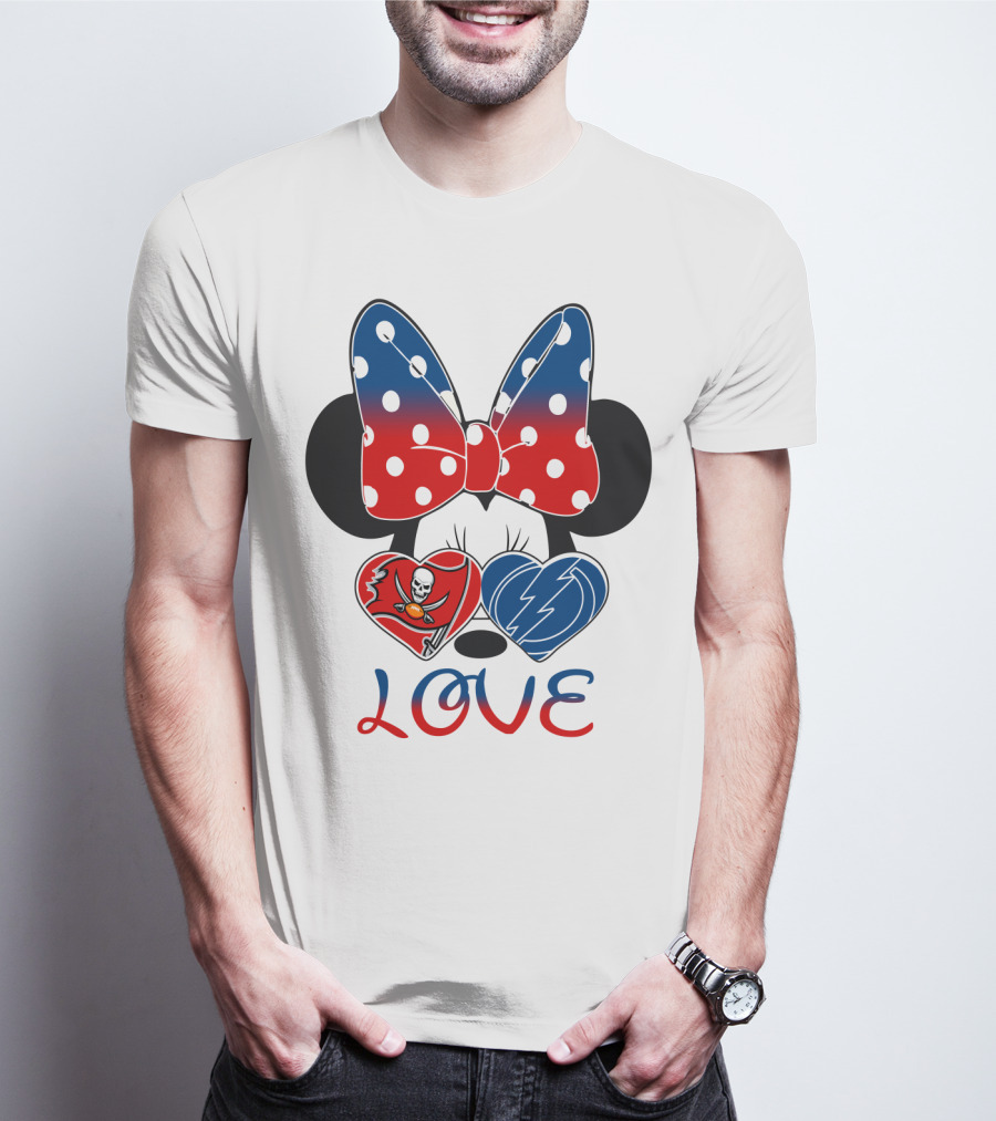 Love Minnie Bow Red And Blue Hearts With Buccaneers And Lightning Logos T-Shirt