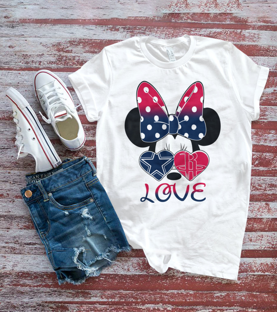 Love Minnie Bow Dallas Cowboys Houston Rockets Hearts T-Shirt