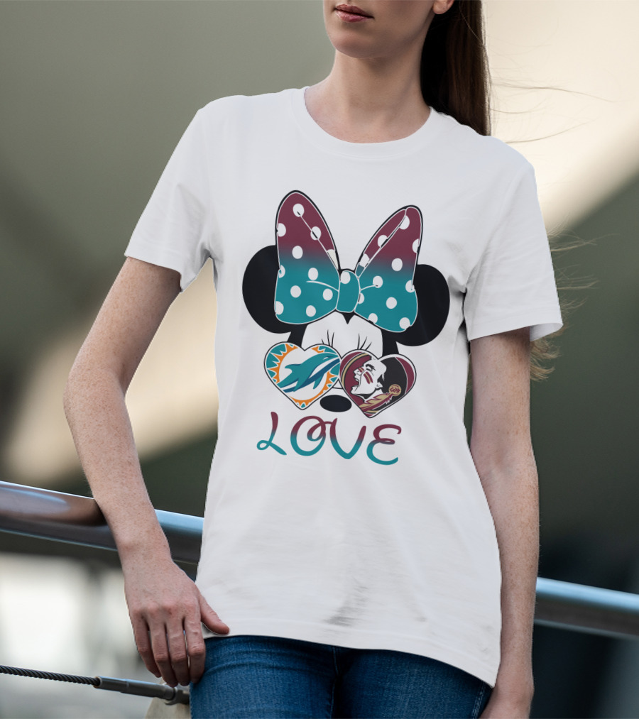 Love Minnie Bow Miami Dolphins Florida State Seminoles Hearts T-Shirt