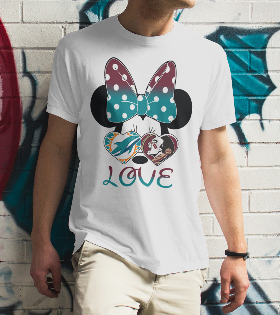 Love Minnie Bow Miami Dolphins Florida State Seminoles Hearts T-Shirt