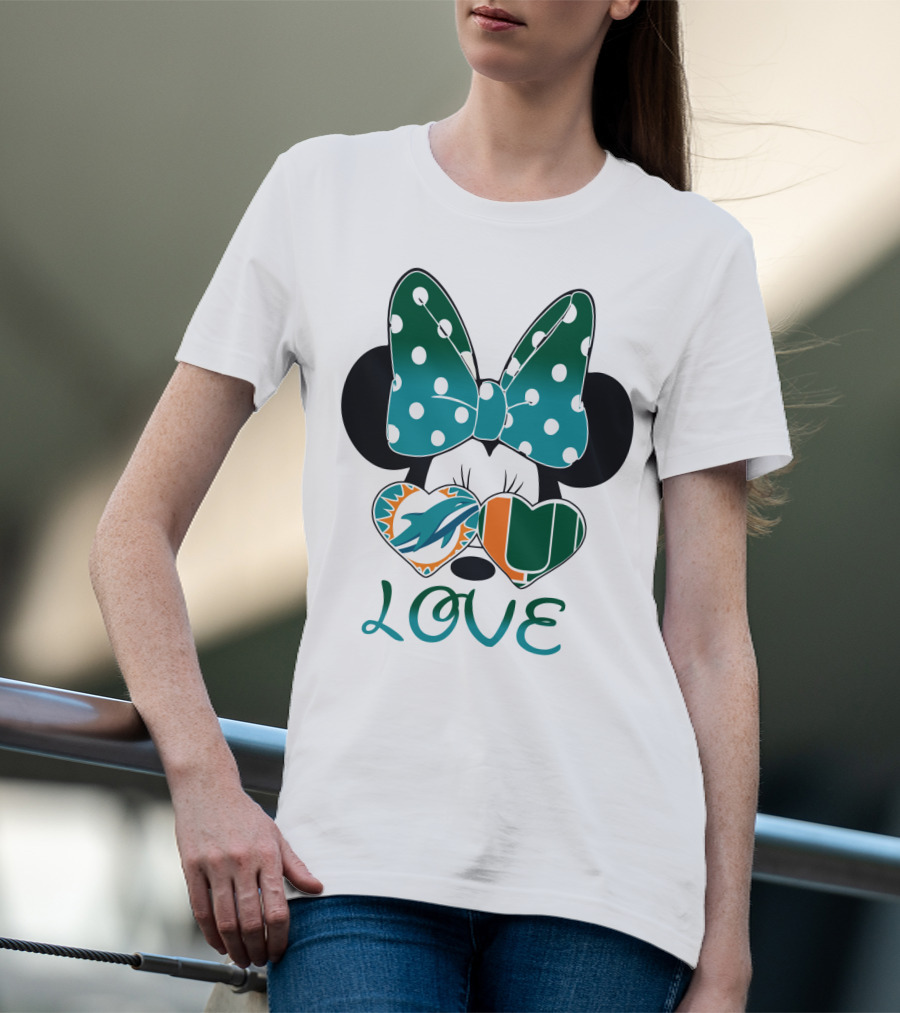 Miami Dolphins Hurricanes Love Minnie Mouse Polka Dot Bow T-Shirt