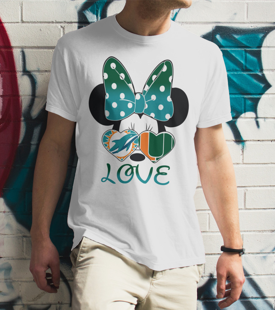 Miami Dolphins Hurricanes Love Minnie Mouse Polka Dot Bow T-Shirt