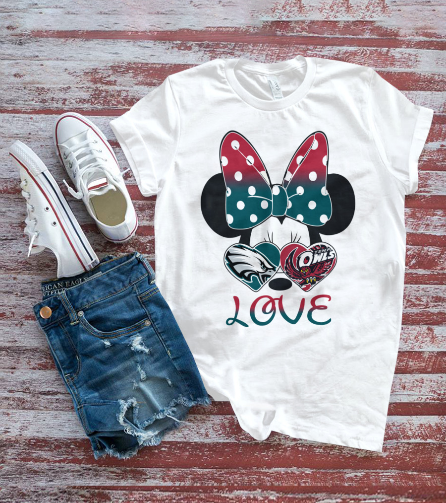 Minnie Mouse Bow Love Philadelphia Eagles Temple Owls Hearts T-Shirt