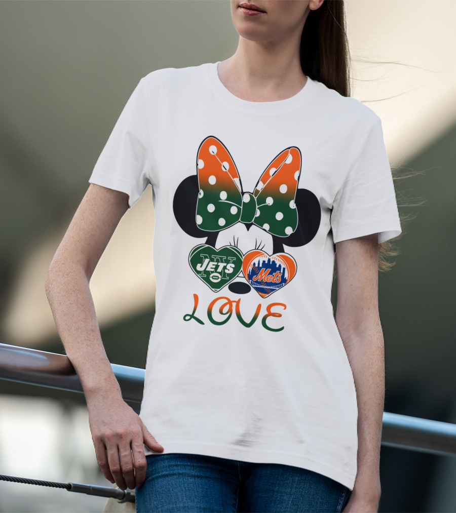 Love Ny Jets Mets Minnie Bow Hearts T-Shirt