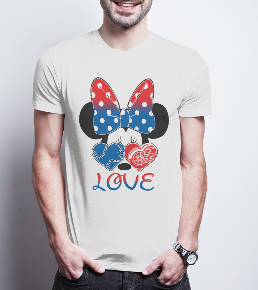 Love Minnie Mouse Detroit Lions Red Wings Bow Hearts T-Shirt