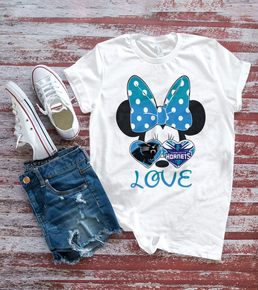 Minnie Mouse Love Carolina Panthers Charlotte Hornets Bow Hearts T-Shirt