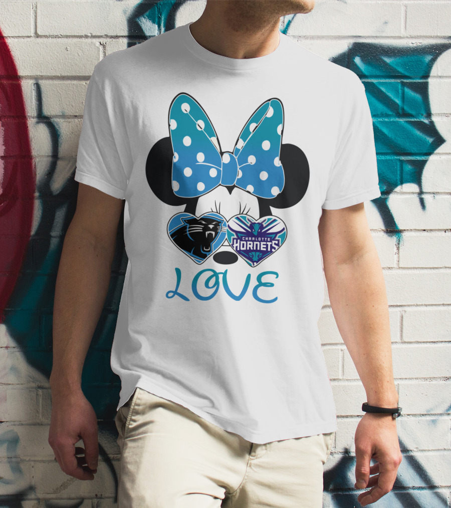 Minnie Mouse Love Carolina Panthers Charlotte Hornets Bow Hearts T-Shirt