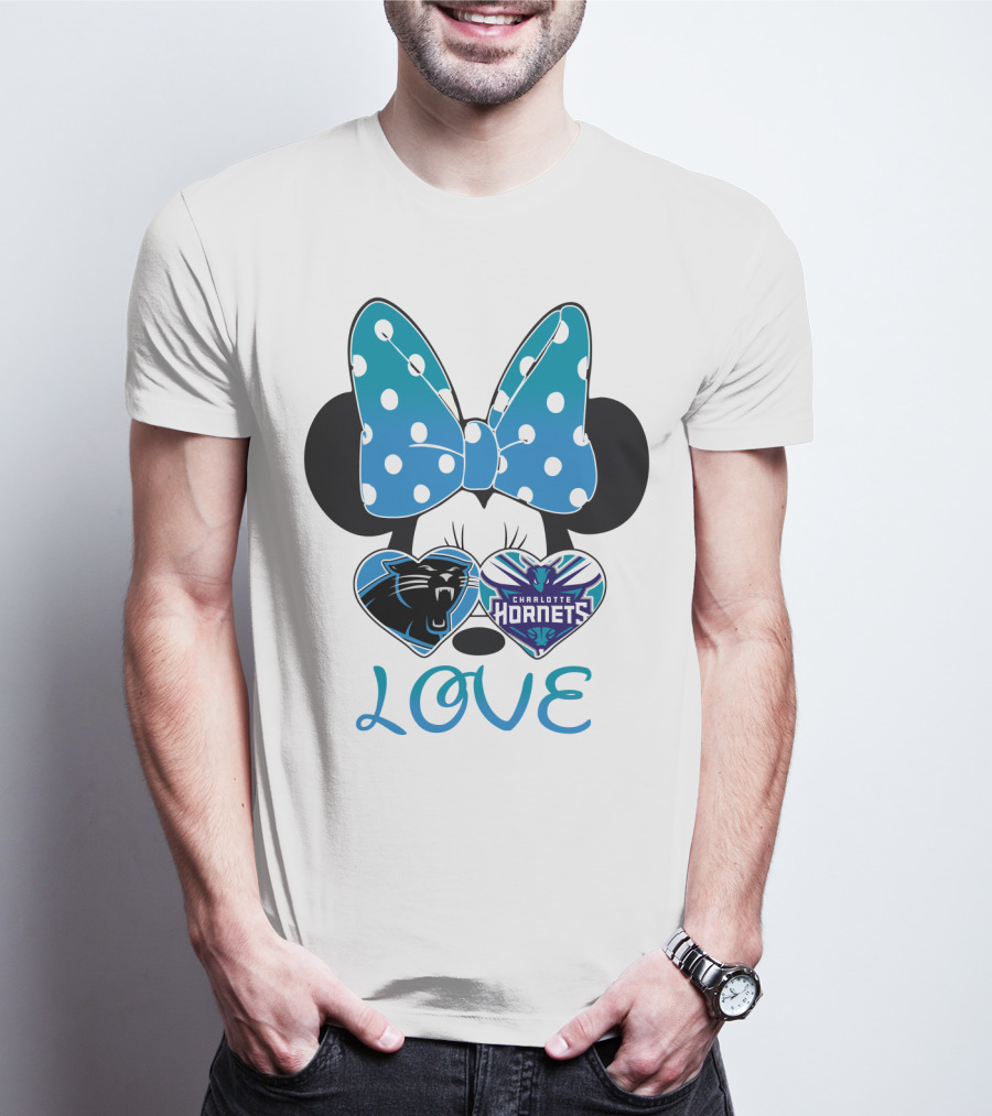 Minnie Mouse Love Carolina Panthers Charlotte Hornets Bow Hearts T-Shirt