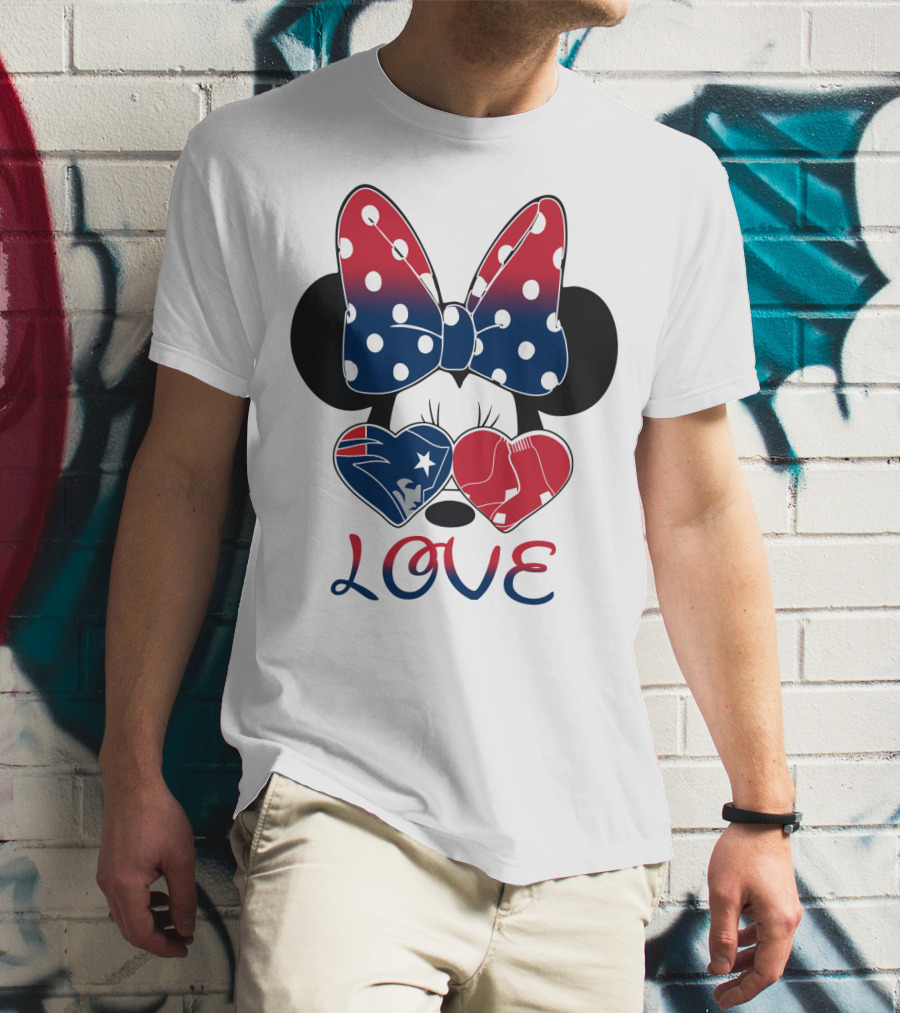 Love Minnie Bow Hearts Patriots Red Sox T-Shirt