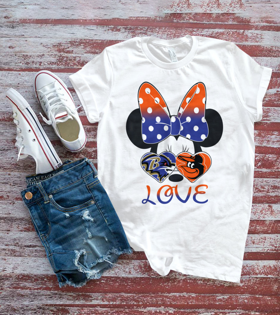 Love Baltimore Ravens Orioles Minnie Mouse Bow T-Shirt