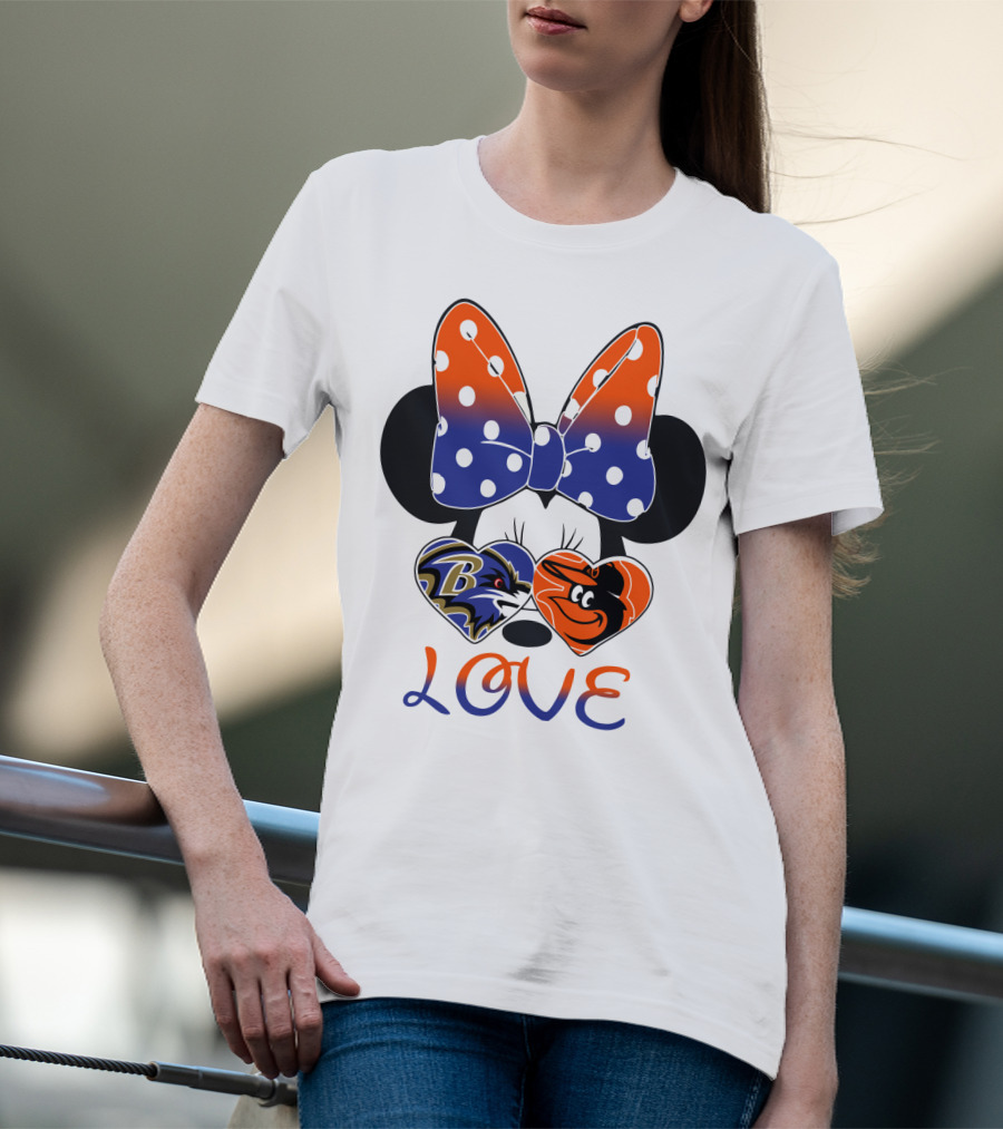 Love Baltimore Ravens Orioles Minnie Mouse Bow T-Shirt
