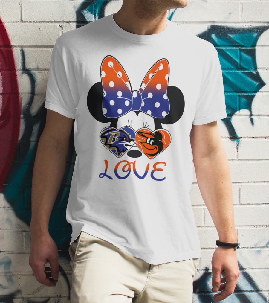 Love Baltimore Ravens Orioles Minnie Mouse Bow T-Shirt
