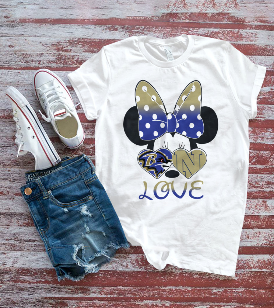 Minnie Mouse Love Baltimore Ravens Navy Logo Hearts Bow T-Shirt
