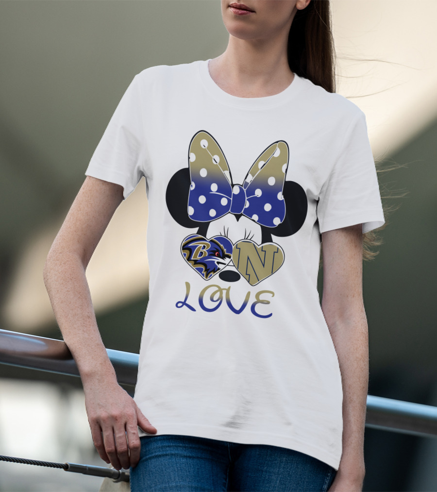 Minnie Mouse Love Baltimore Ravens Navy Logo Hearts Bow T-Shirt