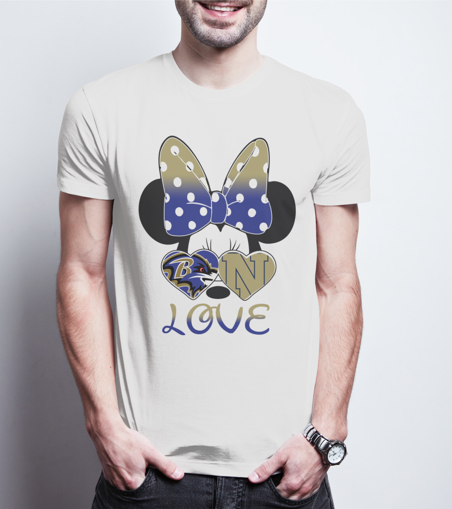Minnie Mouse Love Baltimore Ravens Navy Logo Hearts Bow T-Shirt